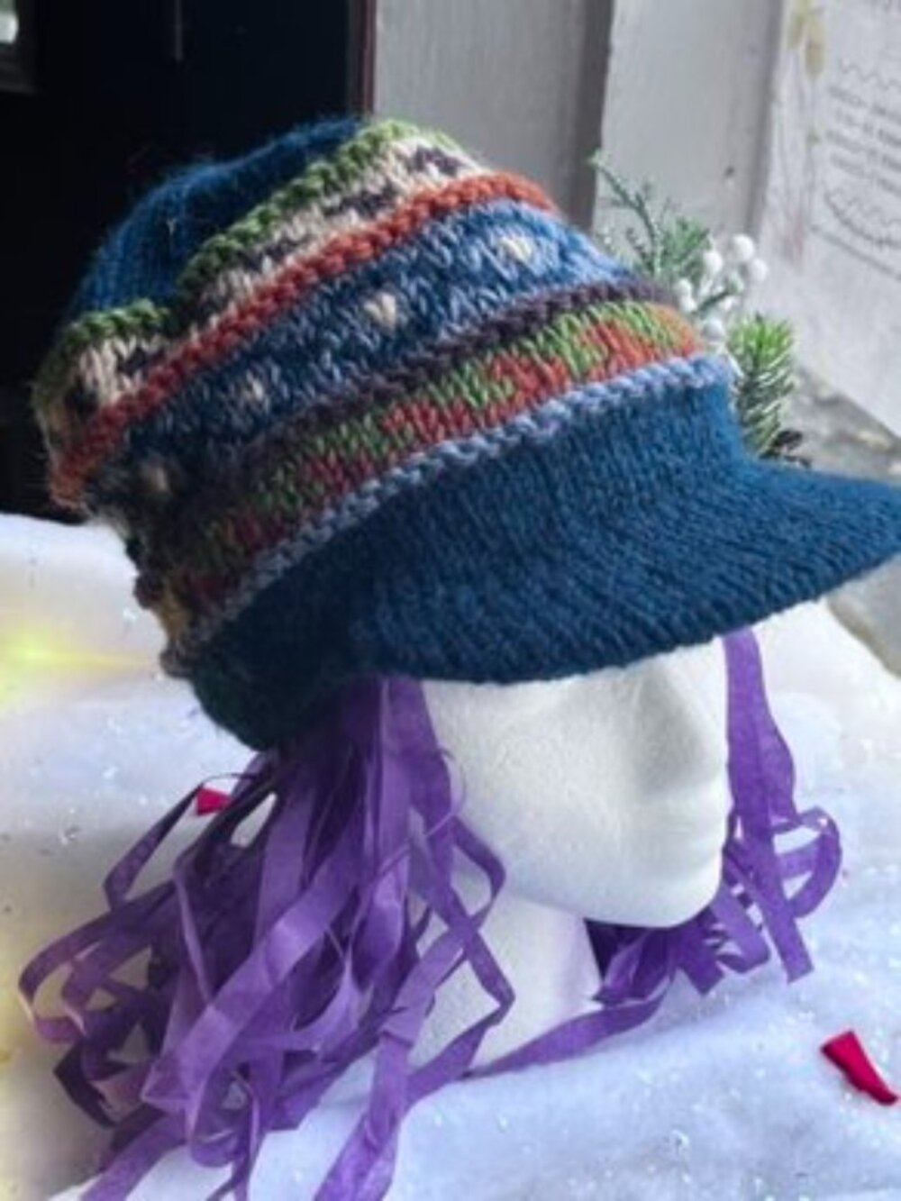 Royal Blue Multicolor Knit Hat with Bill - Feece Lined